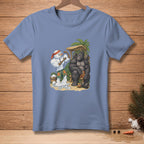 Muscular snowman and gorilla flexing weights on a tropical beach.