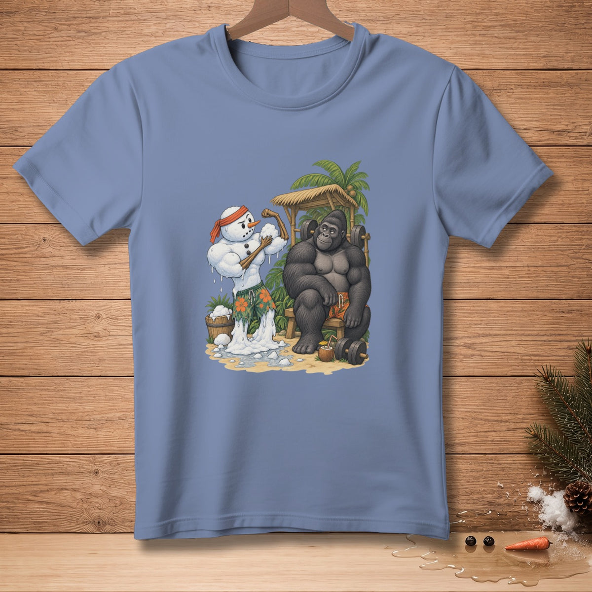 Muscular snowman and gorilla flexing weights on a tropical beach.