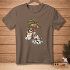 Two melting snowmen under a palm tree umbrella with drinks and sunglasses.