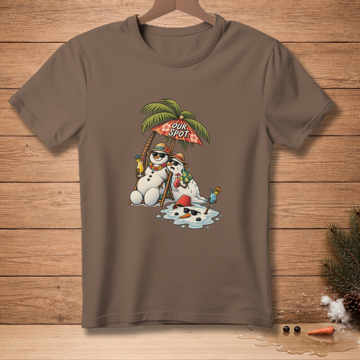 Two melting snowmen under a palm tree umbrella with drinks and sunglasses.