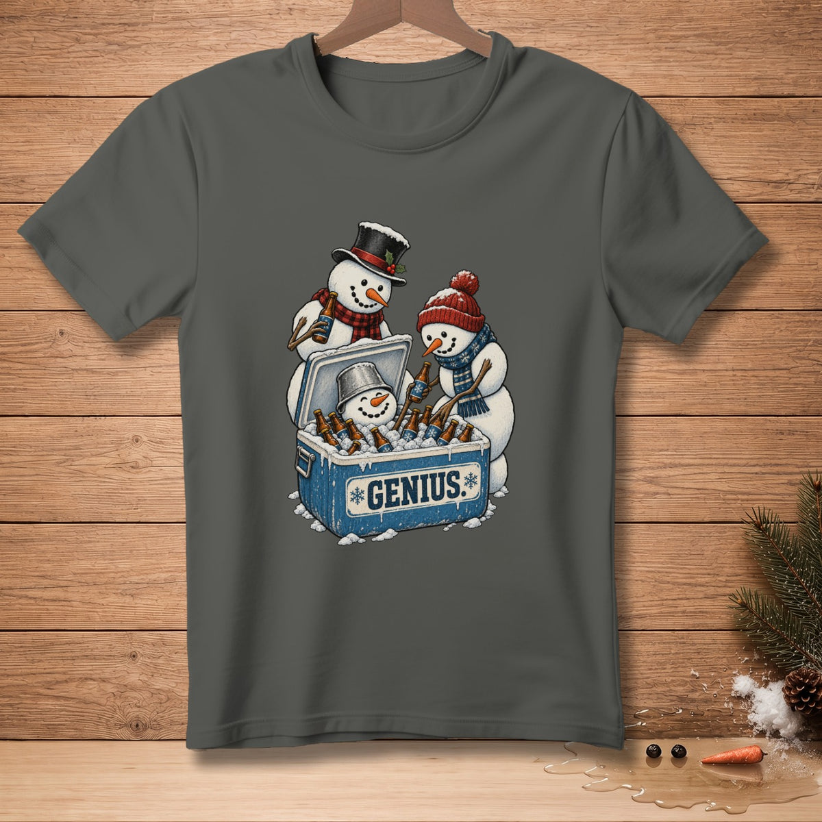 Snowmen in winter hats and scarves gather around a cooler with bottles and the word "GENIUS".