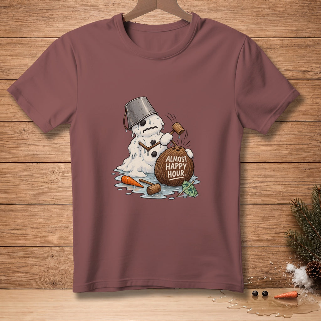 Melting snowman hitting coconut with text "ALMOST HAPPY HOUR."
