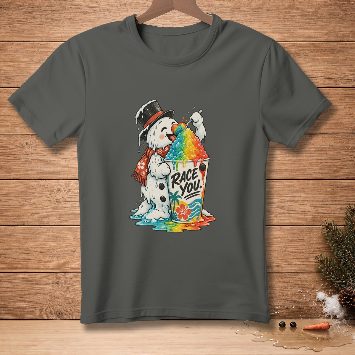 Melting snowman with rainbow shaved ice, wearing top hat and scarf, text "Race You!".