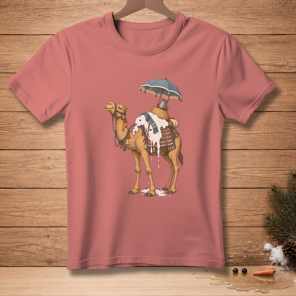 Camel with dripping white substance, umbrella, and patterned saddle on coral t-shirt.