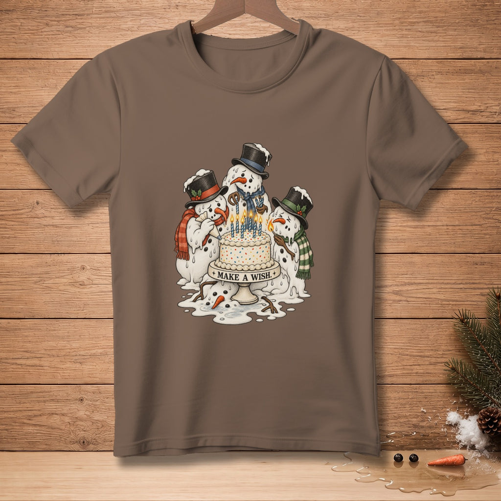 Three melting snowmen surround a birthday cake with lit candles, reading "MAKE A WISH".