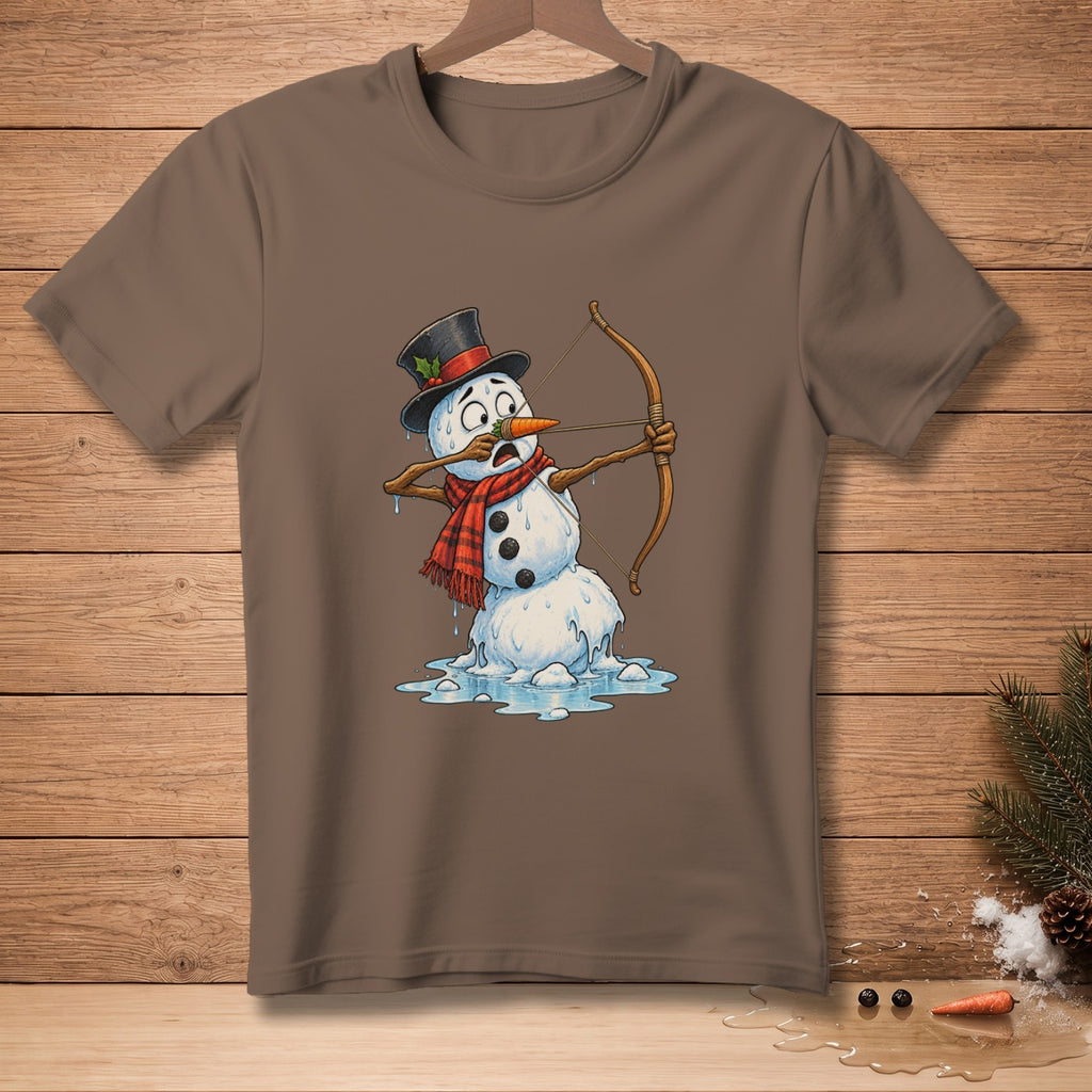 Melting snowman wearing a top hat and scarf, holding a bow and arrow.