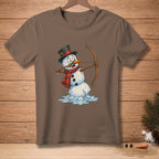 Melting snowman wearing a top hat and scarf, holding a bow and arrow.