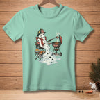 Snowman in firefighter helmet grilling with "Off Duty" text on shirt.