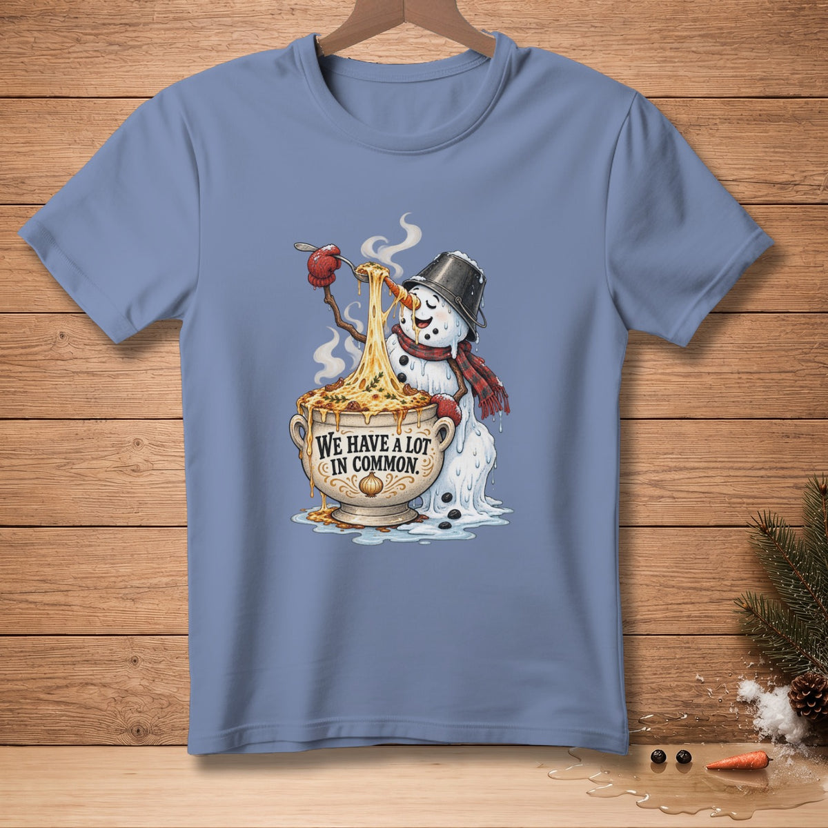 Snowman with bucket hat eating spaghetti from a bowl with text "We Have A Lot In Common".
