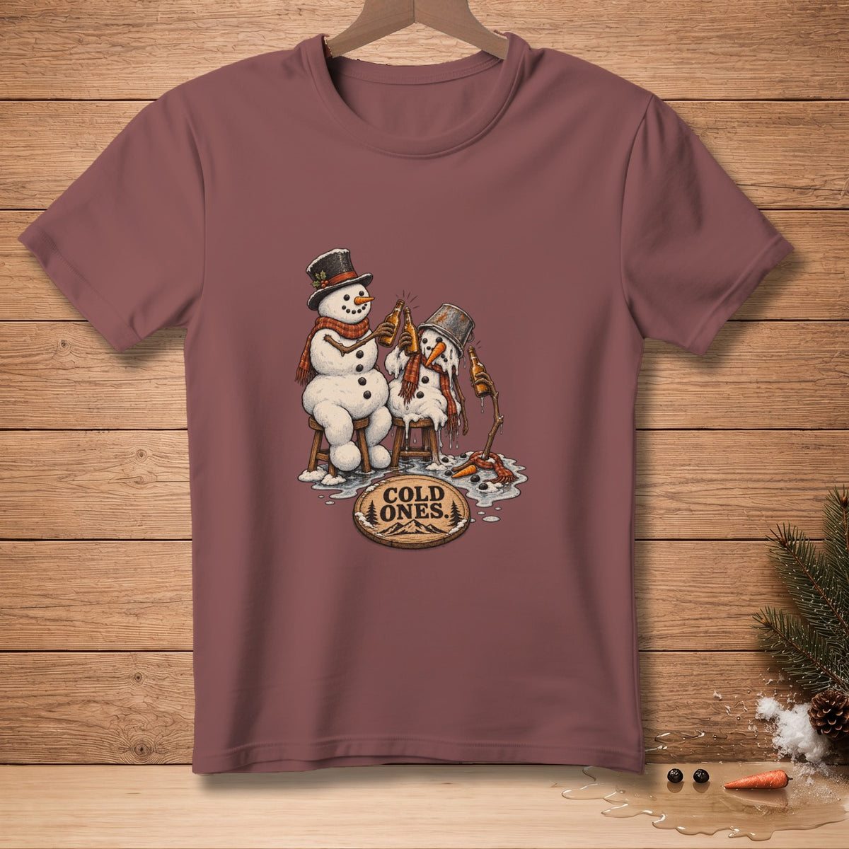 Two snowmen drinking beer, with one melting, on a t-shirt.