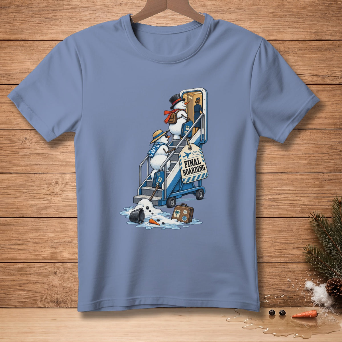 Snowmen with luggage boarding a plane on stairs with "Final Boarding" sign.