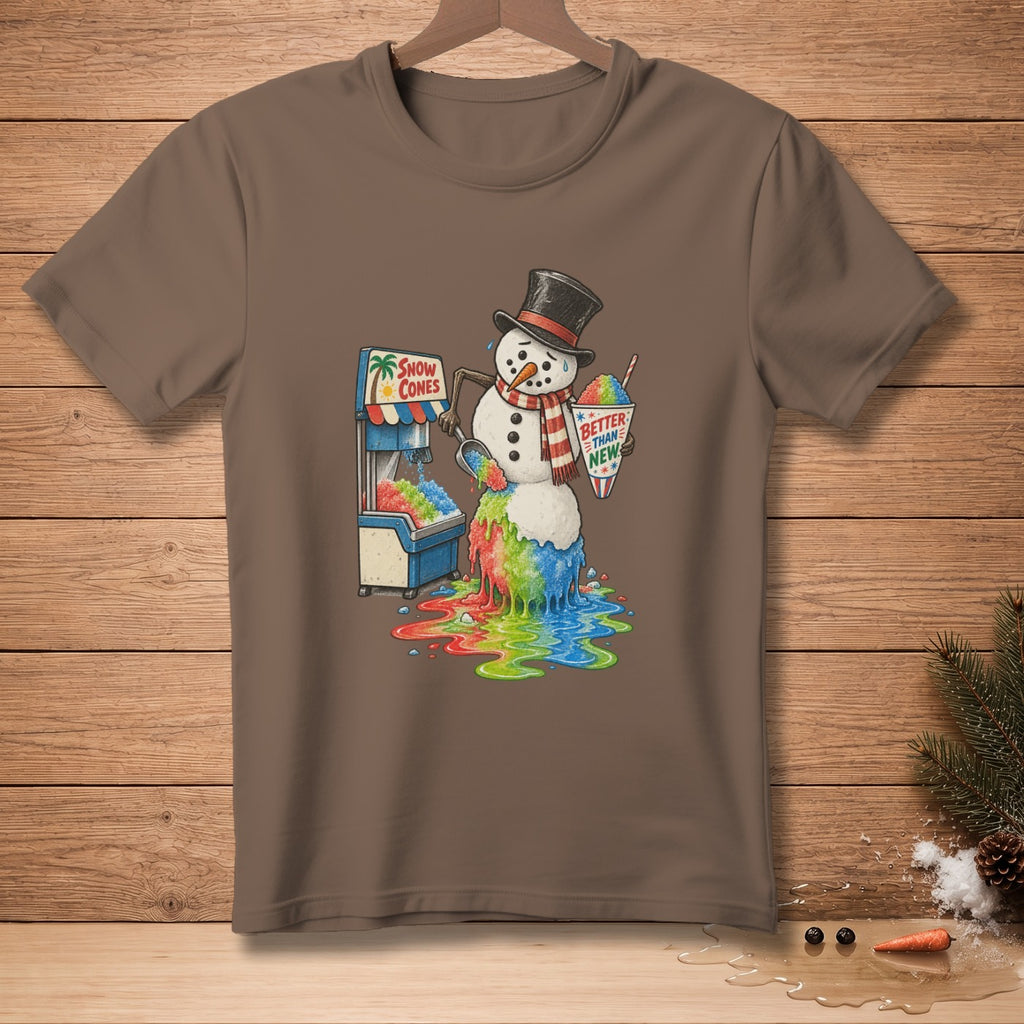Melting snowman holding snow cone near snow cone machine with rainbow colors.