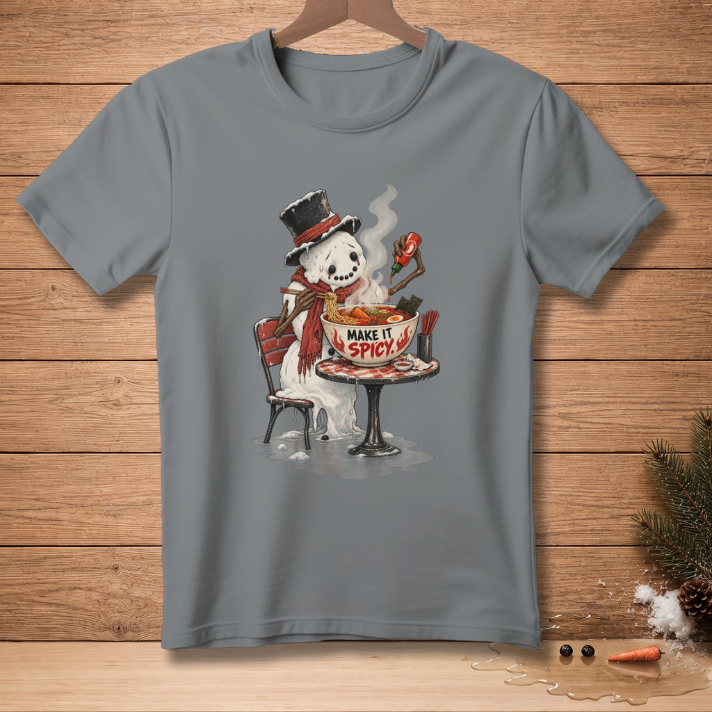 Snowman in a top hat eating ramen, text "MAKE IT SPICY".