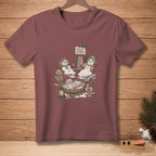 T-shirt with "Self Care" graphic of melting snowmen relaxing in a hot tub.