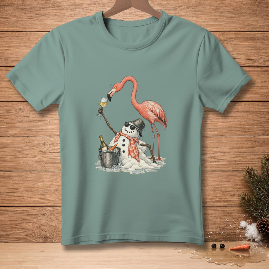 Flamingo and melting snowman with wine bucket and glass.