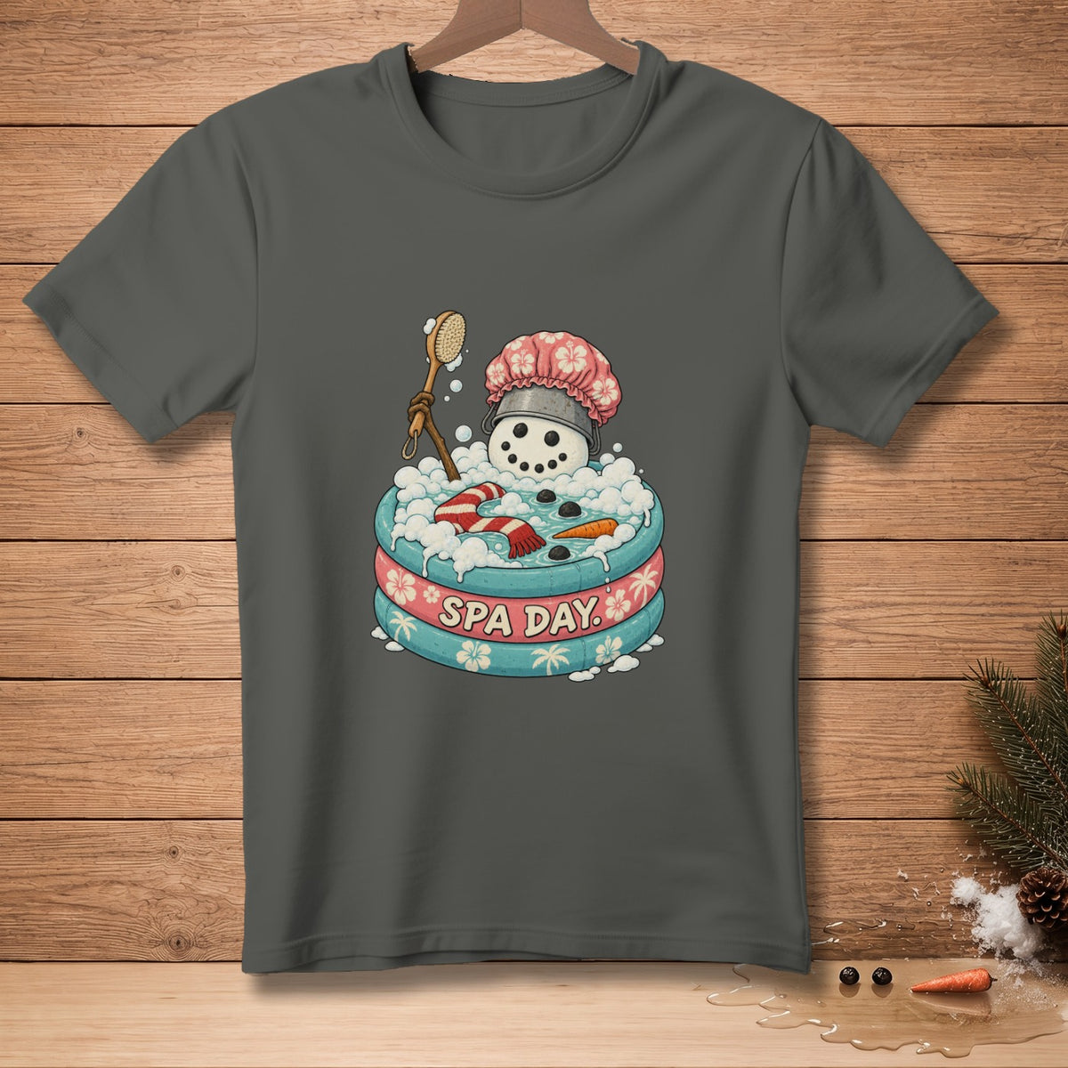 Snowman in a bathtub with a shower brush and text "SPA DAY".