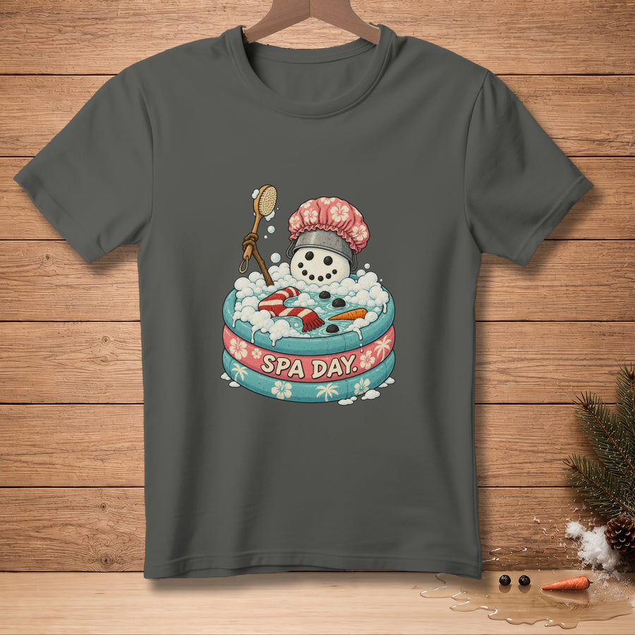Snowman in a bathtub with a shower brush and text "SPA DAY".