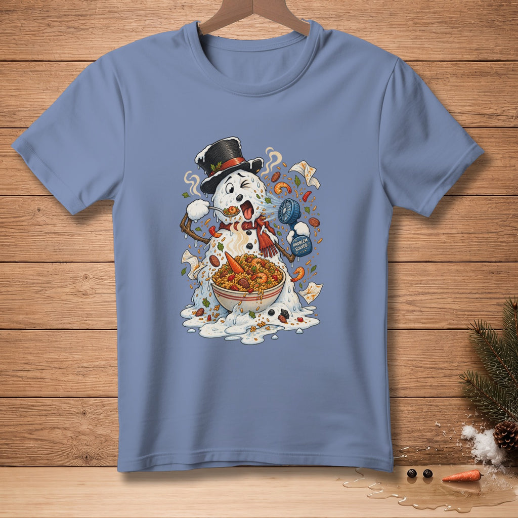 Melting snowman wearing a hat and scarf, eating paella, with "Problem Solved" spray.