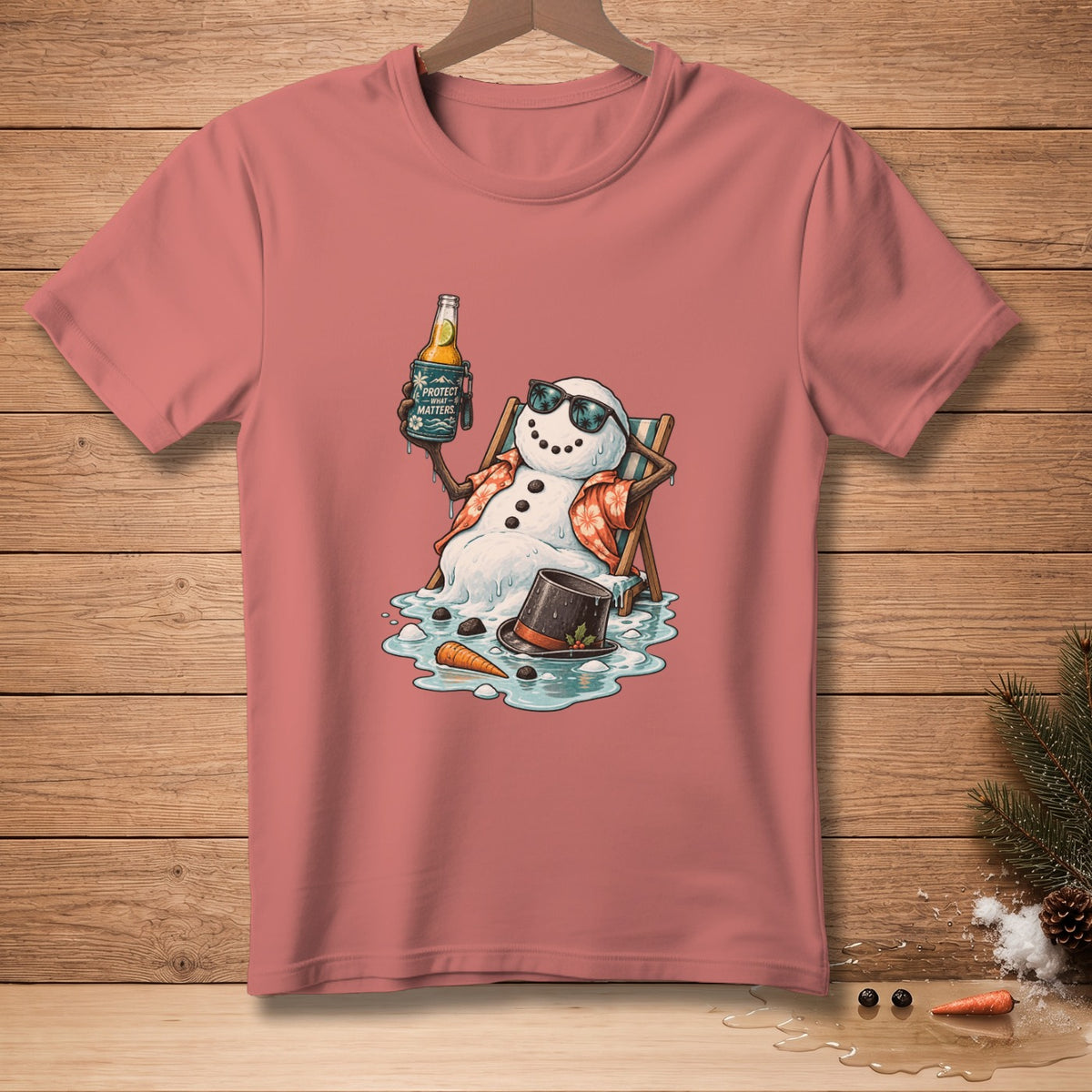 Melting snowman in sunglasses relaxing on a lounge chair with a beer.