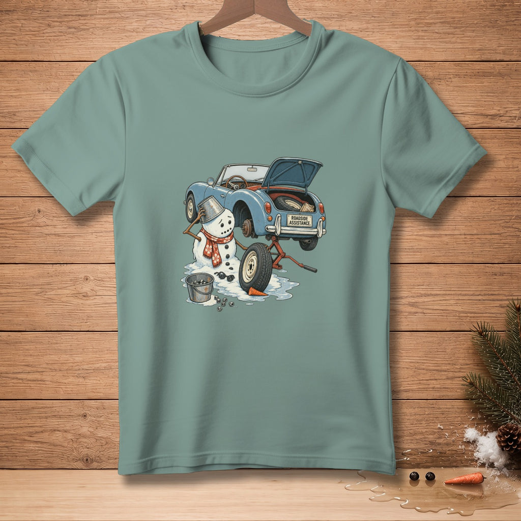 Snowman changing tire on blue convertible with "Roadside Assistance" text.