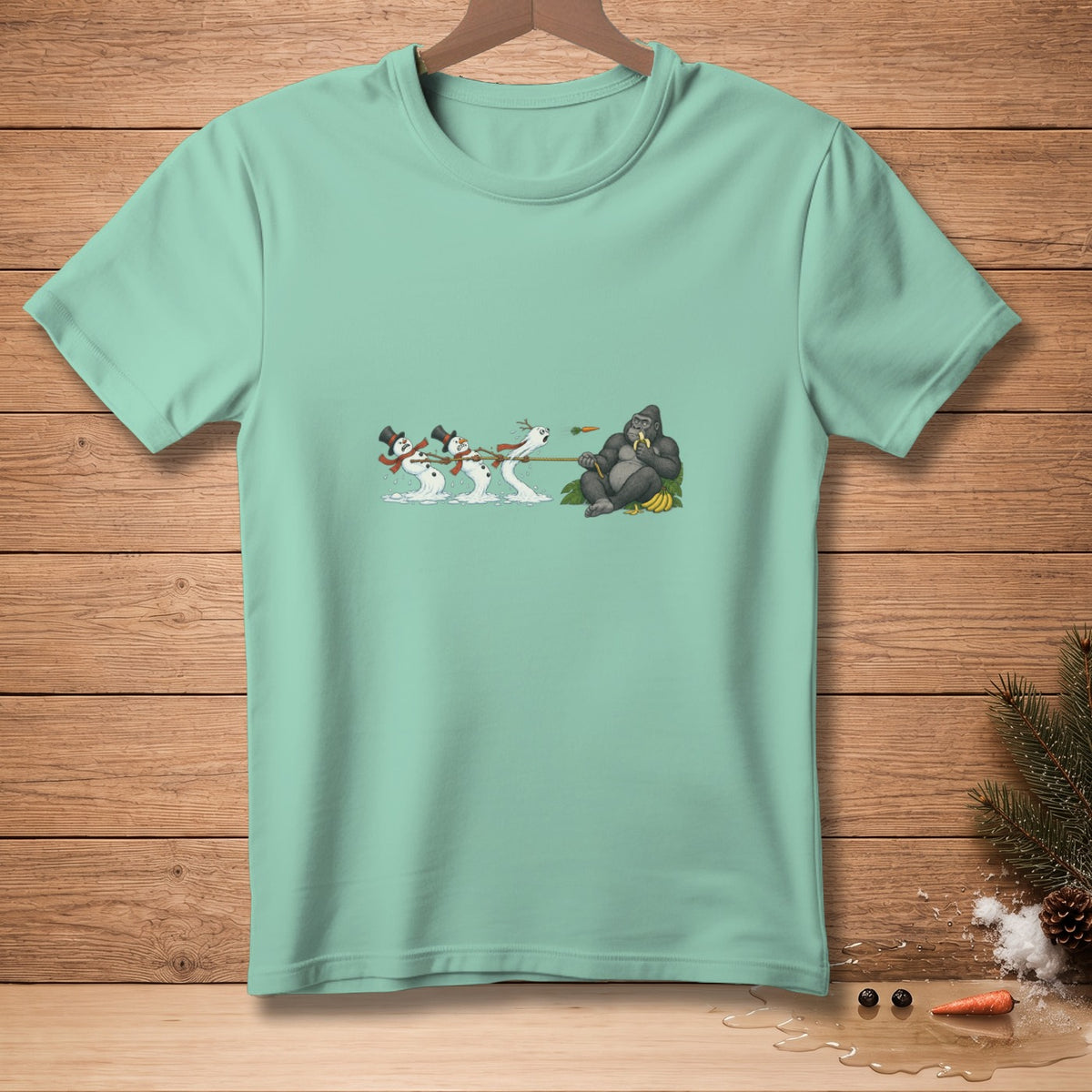 Gorilla eating bananas, pulling snowmen with a rope.