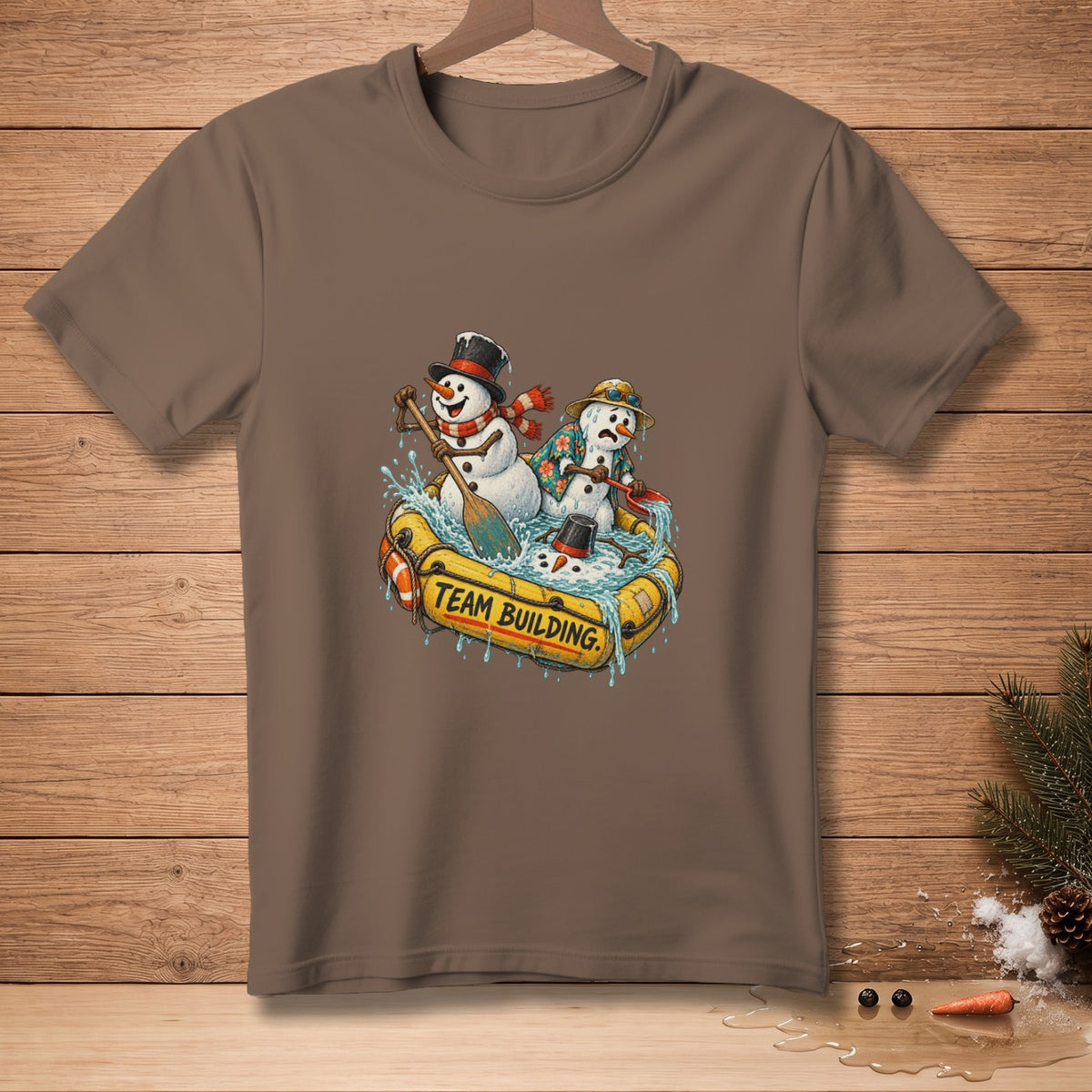 Snowmen in a raft with "TEAM BUILDING." text.