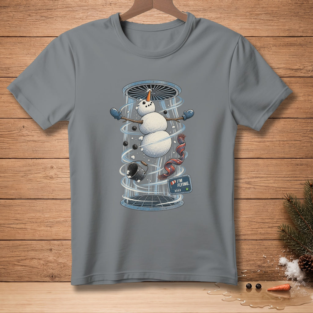 Snowman in a wind tunnel, wearing mittens and scarf, with text "I'M FLYING".