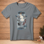Snowman in a wind tunnel, wearing mittens and scarf, with text "I'M FLYING".