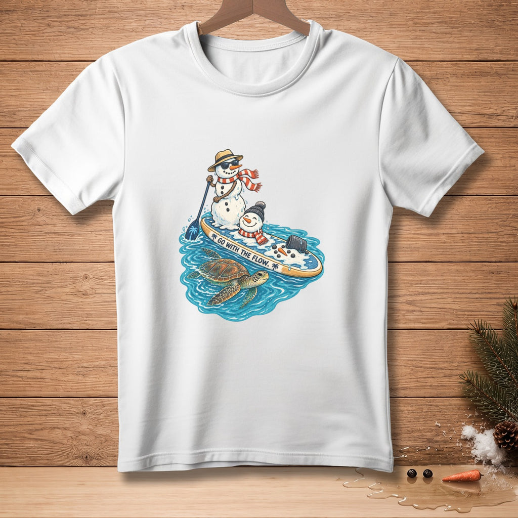 Two snowmen on a surfboard with a turtle and text "GO WITH THE FLOW".