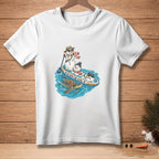 Two snowmen on a surfboard with a turtle and text "GO WITH THE FLOW".