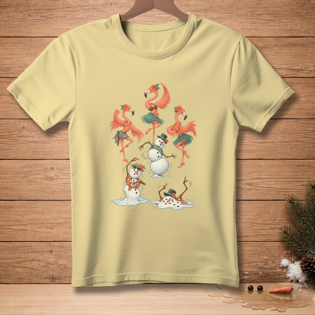 Light yellow t-shirt with dancing flamingos and melting snowmen graphic.