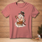 Snowman with hat and scarf adding hot sauce to a bowl of stew on a t-shirt.