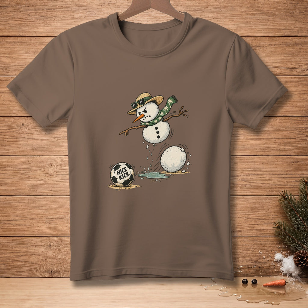 Brown t-shirt with a cartoon snowman kicking a soccer ball that says "NICE KICK".