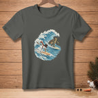 Snowman and turtle surfing on a wave.