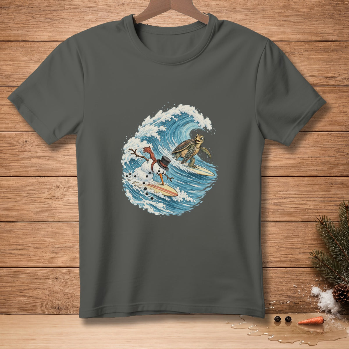 Snowman and turtle surfing on a wave.