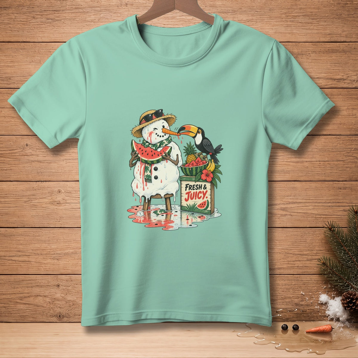 Snowman eating watermelon with toucan and fruit crate reading "Fresh & Juicy".
