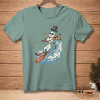 Snowman water skiing with "Natural Athlete" on skis, wearing top hat and scarf.
