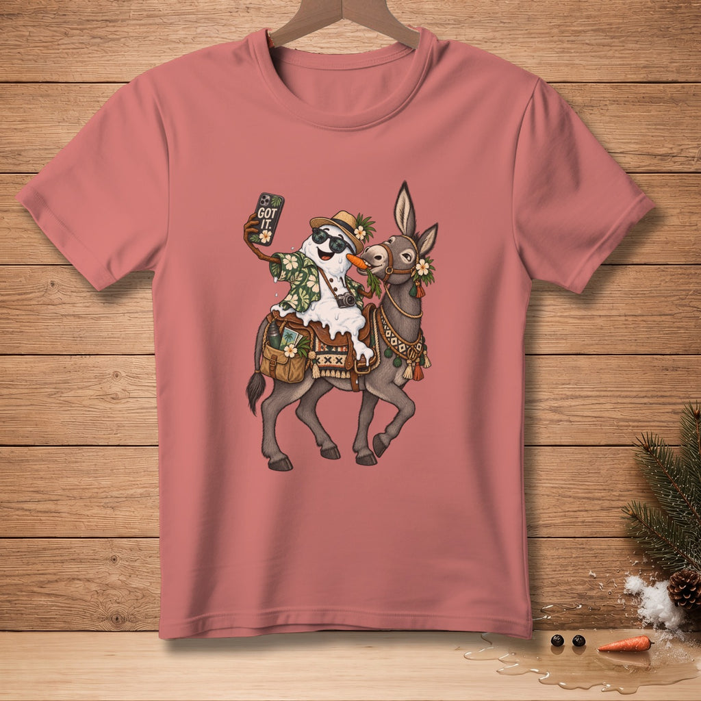 Snowman wearing sunglasses and tropical shirt rides donkey, taking a selfie.
