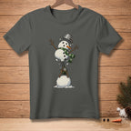 Snowman balancing a kettlebell labeled "MORE POWER" on a snowball.