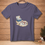 Melting snowman in cooler with scarf and coal smile on purple t-shirt.