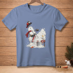 Snowman wearing a firefighter helmet and scarf sprays fire extinguisher, melting.