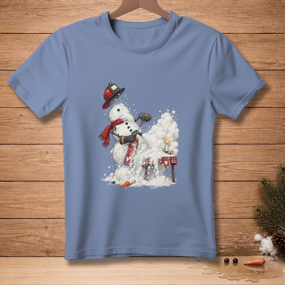 Snowman wearing a firefighter helmet and scarf sprays fire extinguisher, melting.