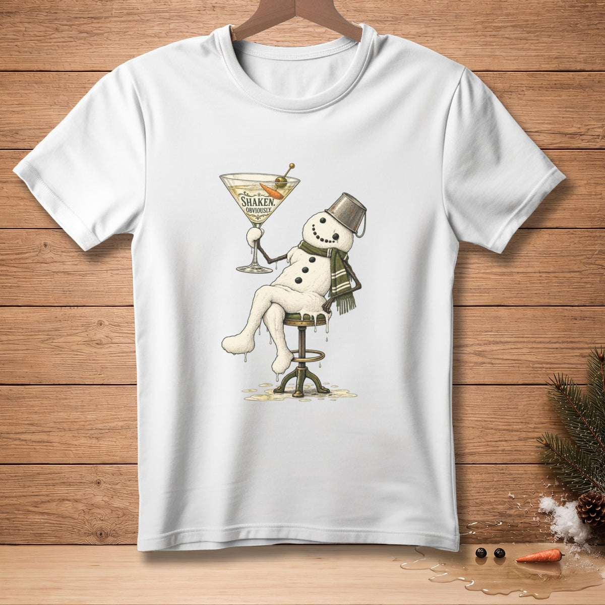 Melting snowman with bucket hat holding martini with text "SHAKEN, OBVIOUSLY".