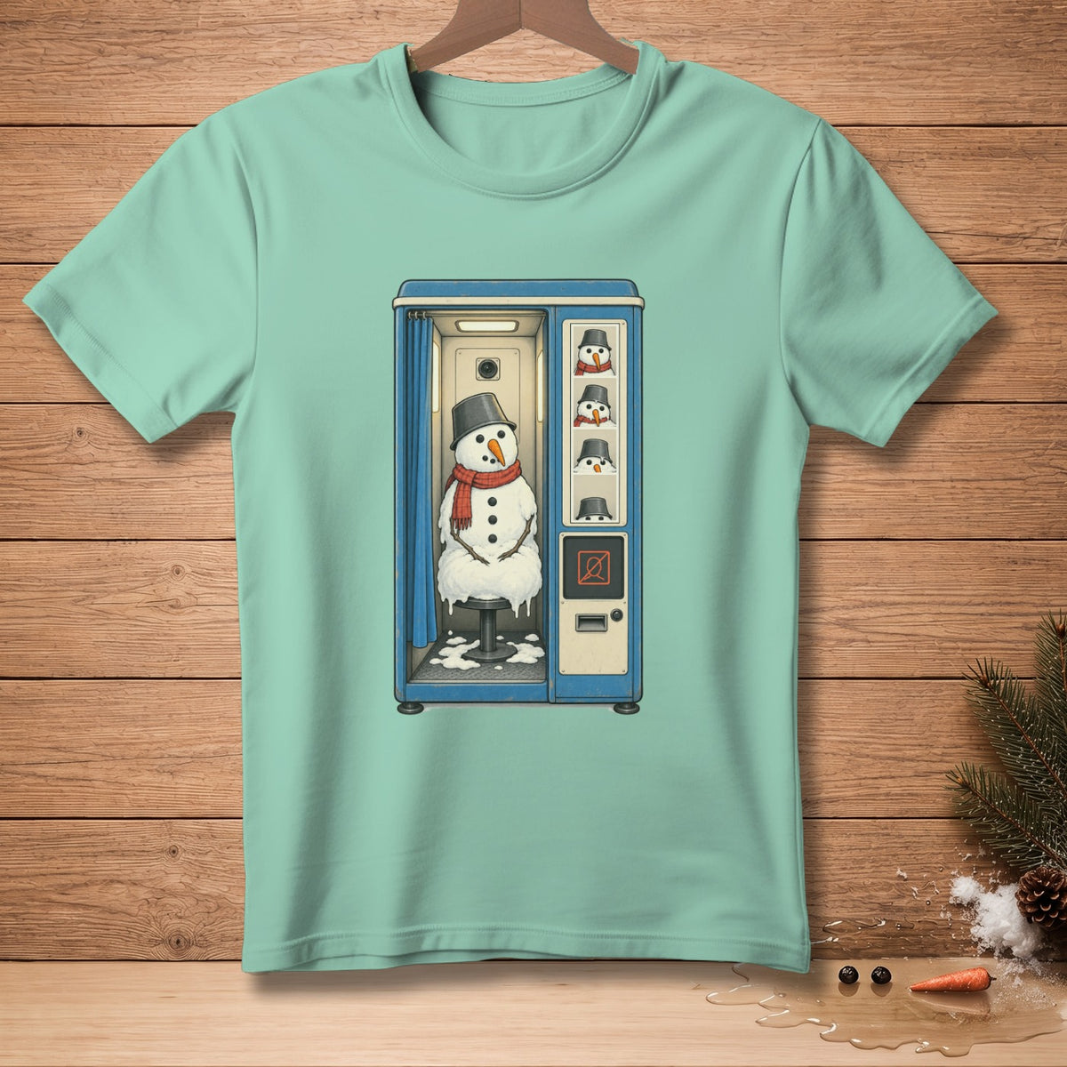 Snowman in a photo booth with melting snow and mini snowmen heads.