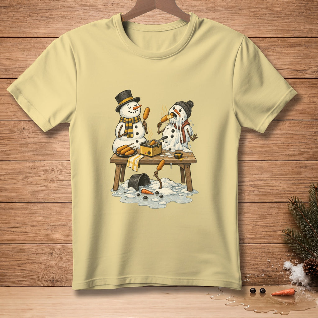 Illustration of snowmen with corn dogs at a picnic table with melting snow.