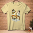 Illustration of snowmen with corn dogs at a picnic table with melting snow.