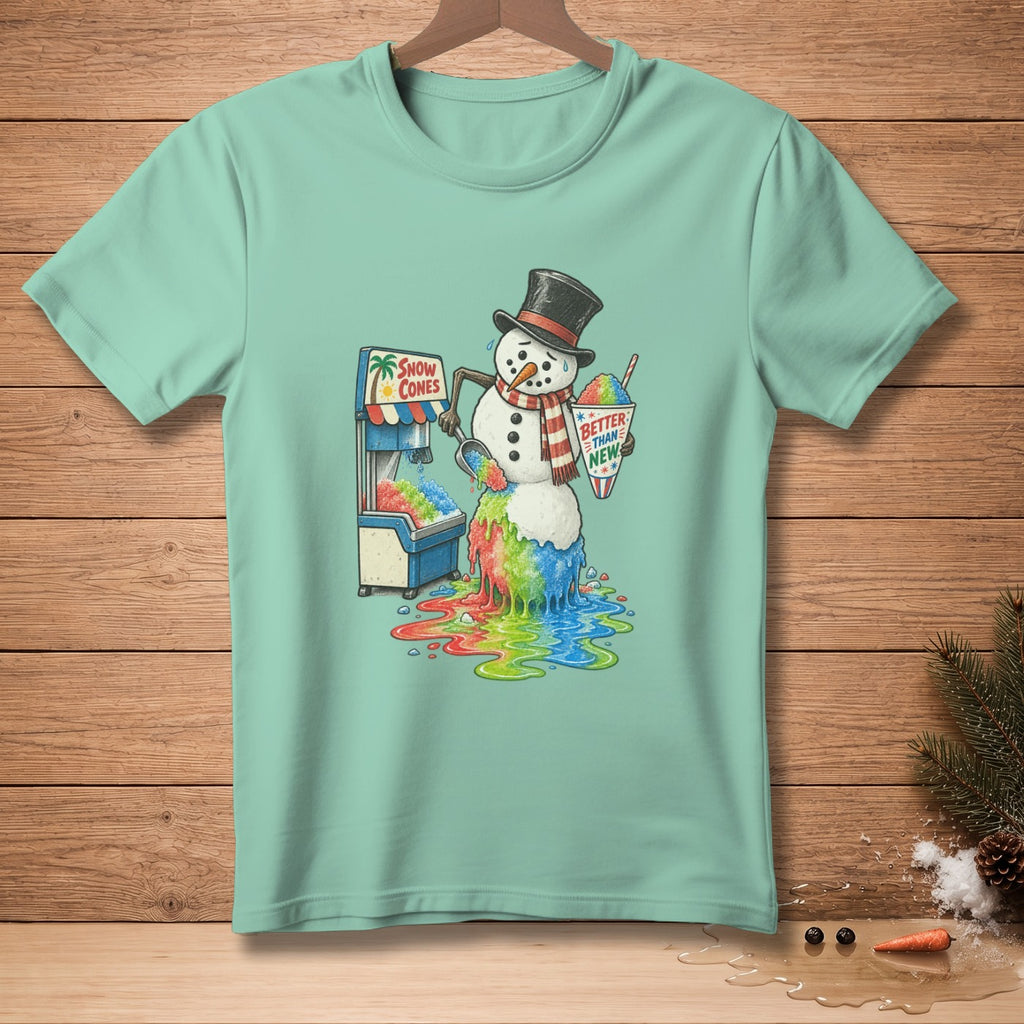 Snowman melting from a snow cone machine, holding a cup that says "Better Than New."