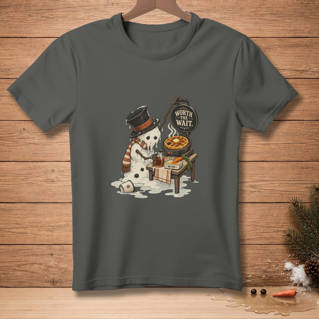 Melting snowman making waffles with "Worth the Wait" text.