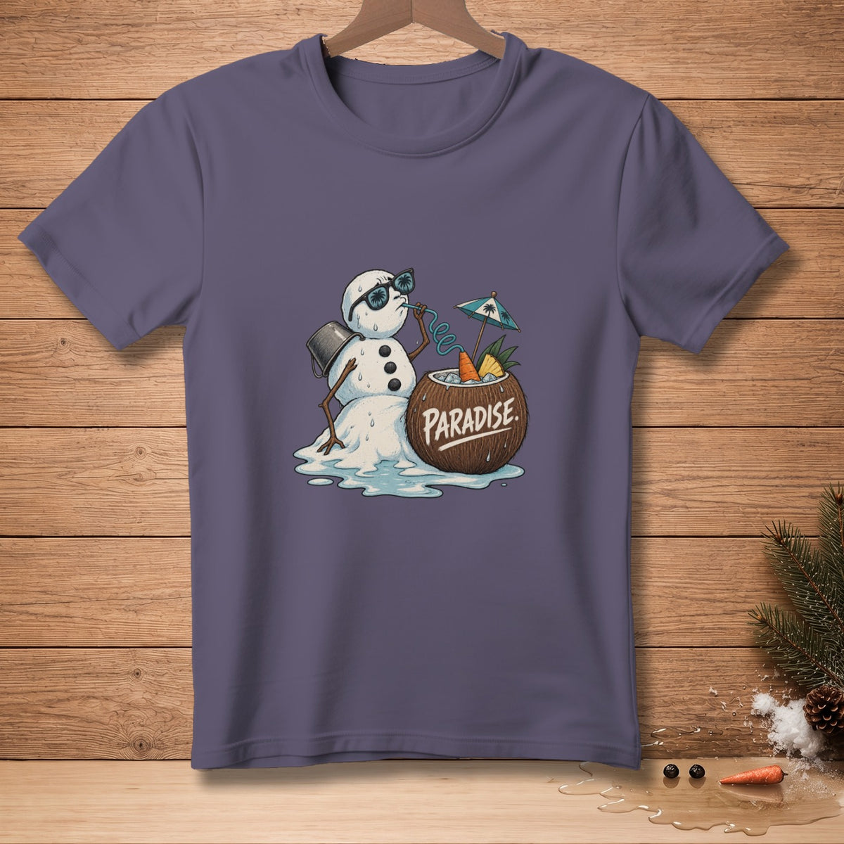 Melting snowman drinks from a coconut with "PARADISE" written on it.
