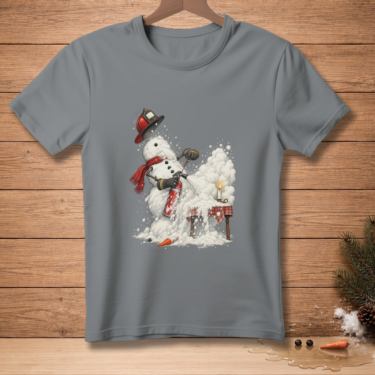 Snowman in firefighter helmet using a fire extinguisher near a candle.